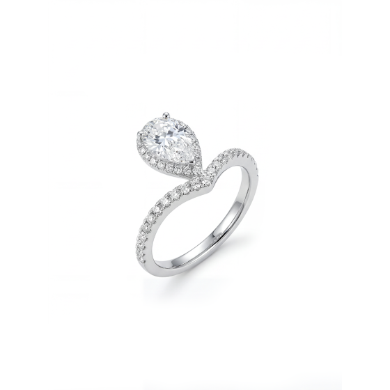 White Gold Pear-Shaped V-Band Pave Diamond Ring