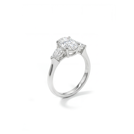 18K White Gold Oval Center Three-Stone Diamond Ring