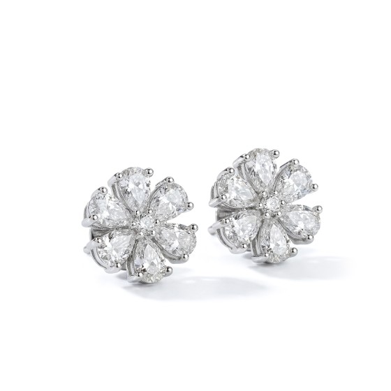 White Gold Pave Diamond Flower Stud Earrings
